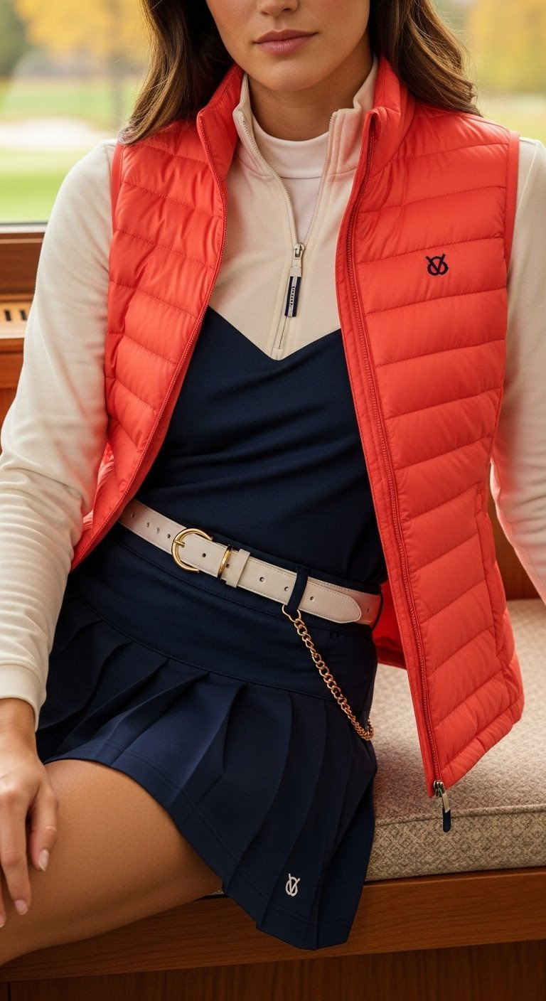 Coral Golf Vest Layered Over A Navy Mock-Neck Top And Pleated Skirt, Showcasing Technical Fabrics In A Clubhouse. Women'S Golf Fashion.