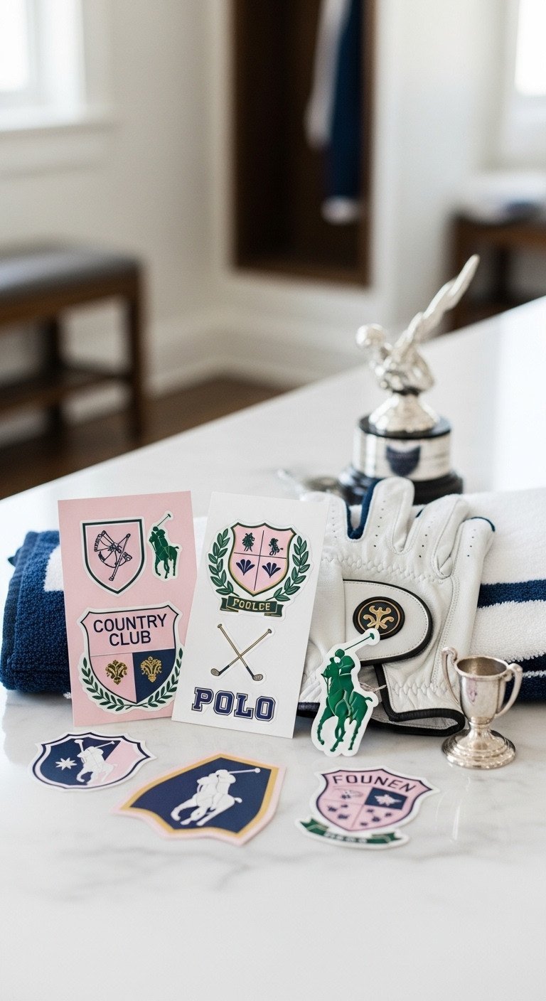 Country Club Golf Decals (Crests, Polo Players), Vintage Typography, White Golf Glove On Marble.