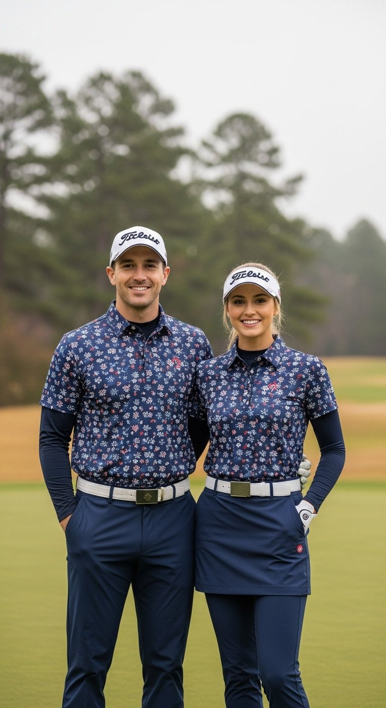 Couple In Complementary Blue, White, Red Holiday-Themed Golf Polos, Standing On A Damp Winter Fairway.