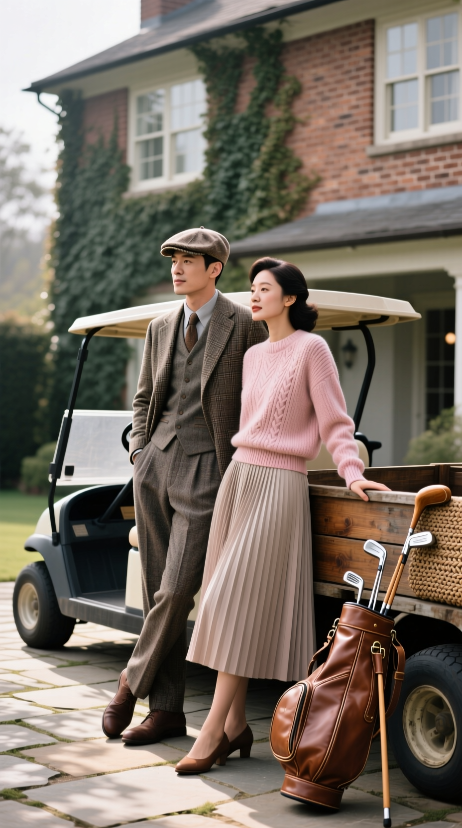 Couple In Vintage Golf Attire With Newsboy Cap And Pleated Skirt Poses By A Classic Clubhouse And Wooden Cart.