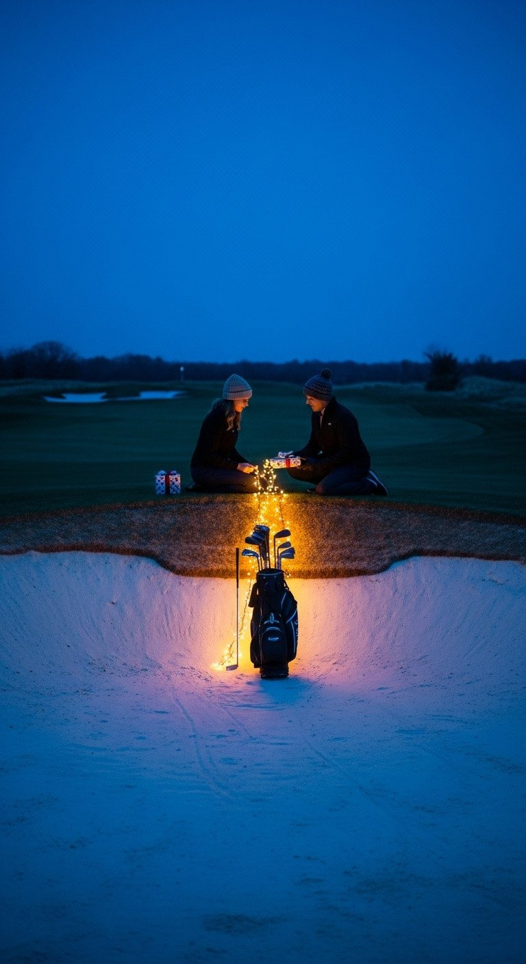 Couple Near A Golf Bunker At Blue Hour, Exchanging A Golf Gift With String Lights Illuminating The Scene.