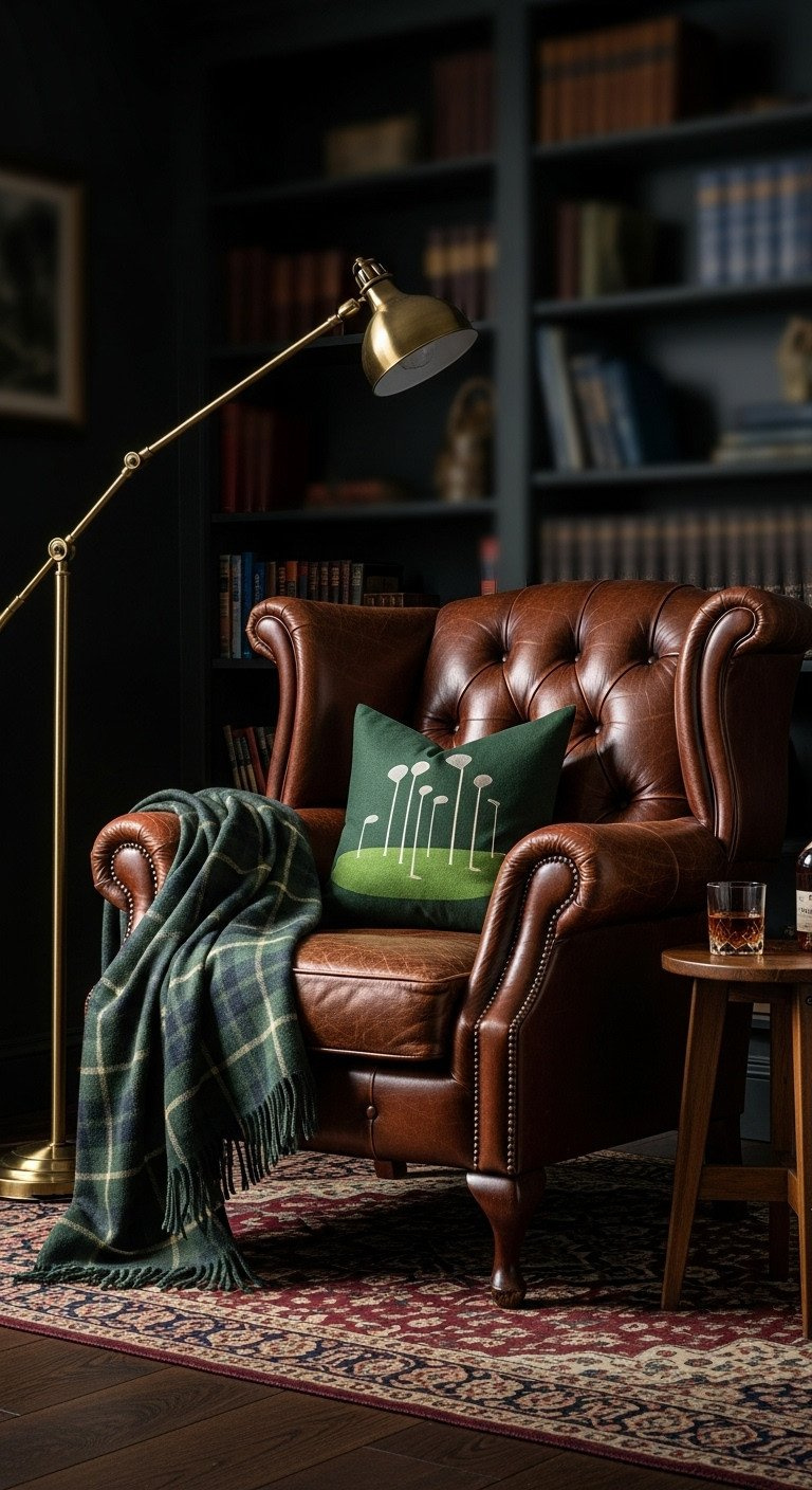 Cozy Golf-Themed Reading Nook With A Brown Chesterfield Leather Armchair, Green Tartan Throw, And Brass Floor Lamp.
