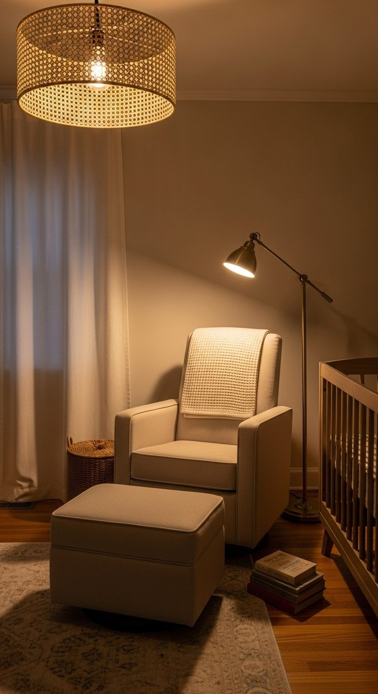 Cozy Nursery Corner With Layered Lighting: Rattan Ceiling Light, Floor Lamp, Nightlight. Warm Baby Room Ambiance.