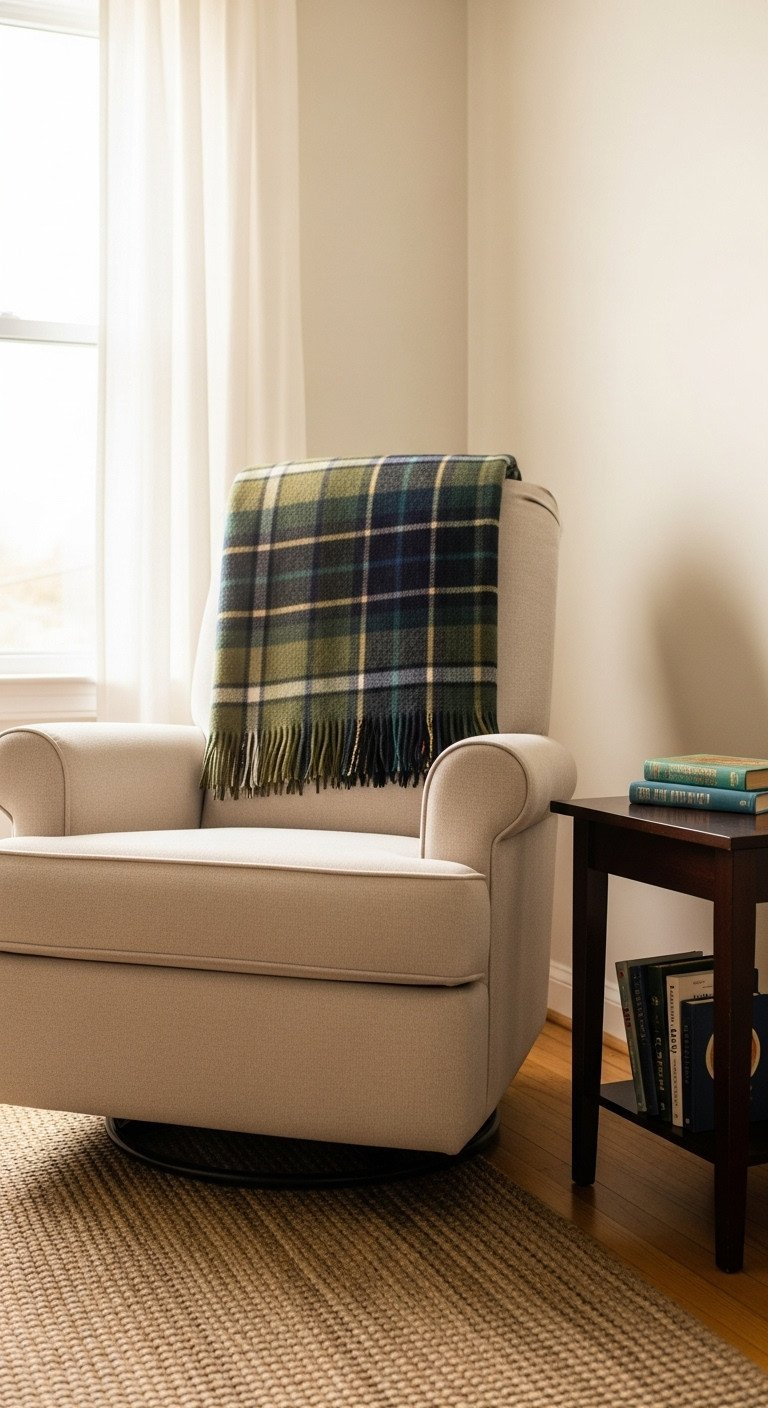 Cozy Vintage Golf Nursery Reading Nook With Neutral Rocker, Tartan Plaid Blanket, Side Table, And Children'S Books.