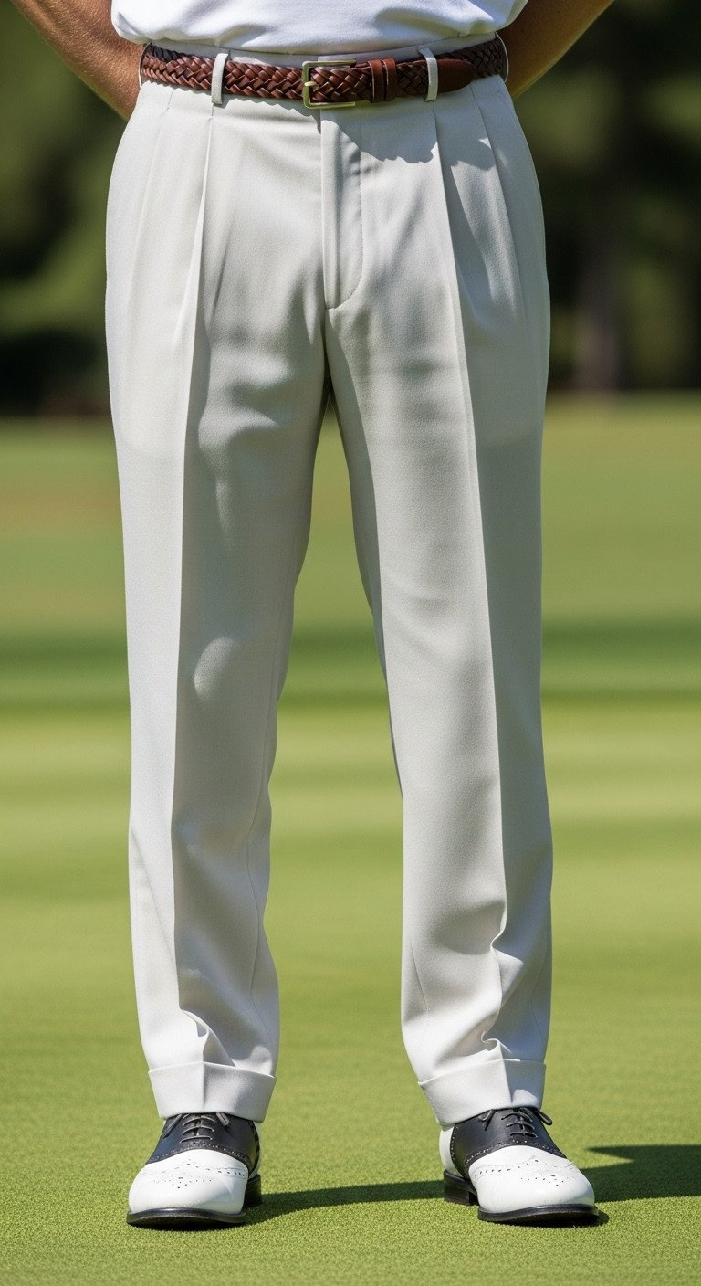 Cream Pleated 80S Men'S Golf Trousers With A Braided Leather Belt, Tailored Cuff Break, And Classic White Saddle Shoes On A Blurred Putting Green.