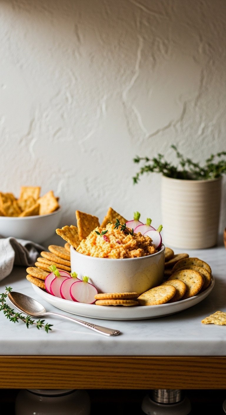Creamy Pimento Cheese Dip In A Crock, Served With Artisanal Crackers, Radish Slices, And Fresh Thyme.
