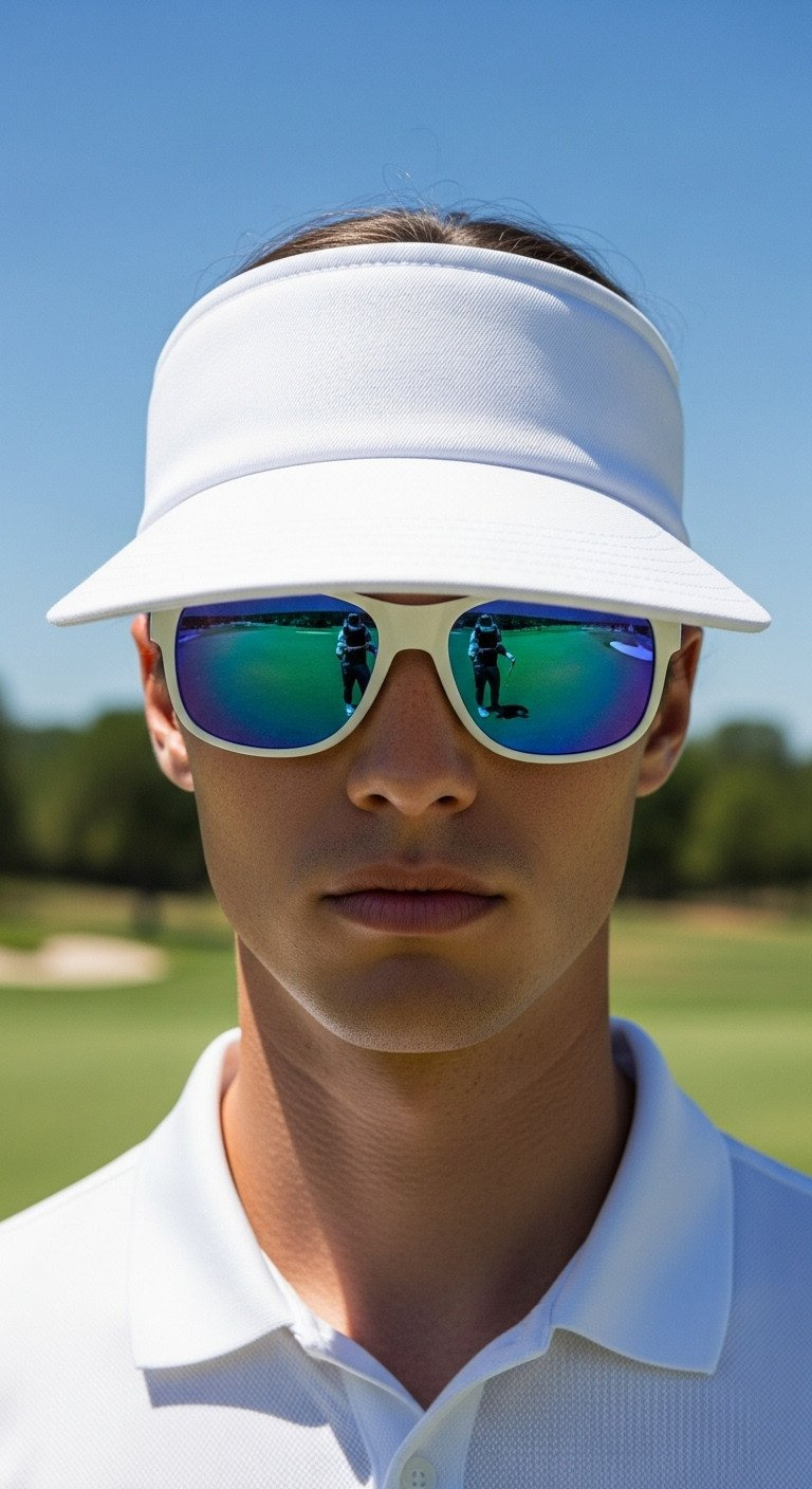 Crisp White 80S Golf Visor With A High Crown Shading The Model'S Eyes, Paired With Mirrored Sunglasses On A Sunny Golf Course Tee Box.