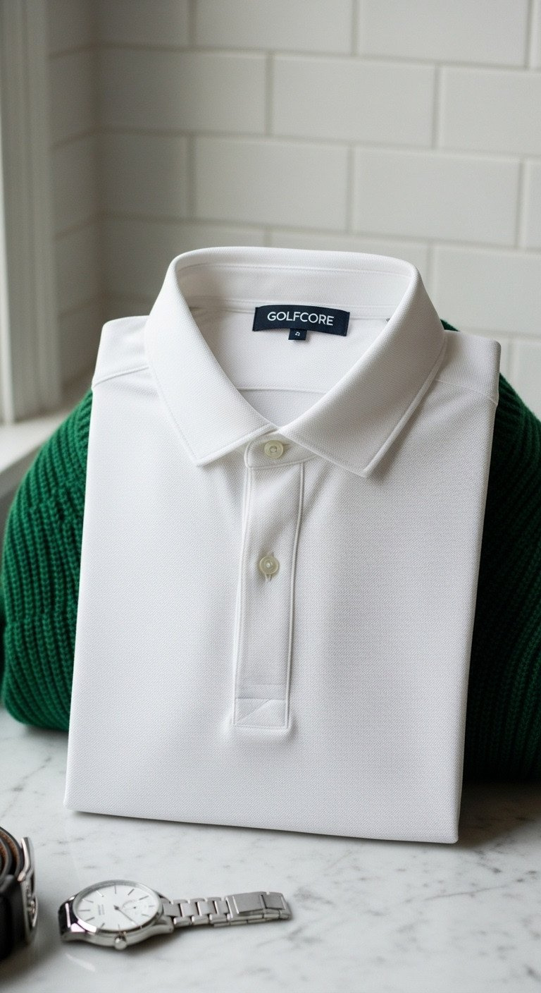 Master The Golf Aesthetic The Ultimate Guide To Golfcore Style Crisp White Pique Polo Shirt With Rigid Collar Folded On Marble Countertop, Next To A Forest Green Wool Knit Sweater, Golfcore Fashion.