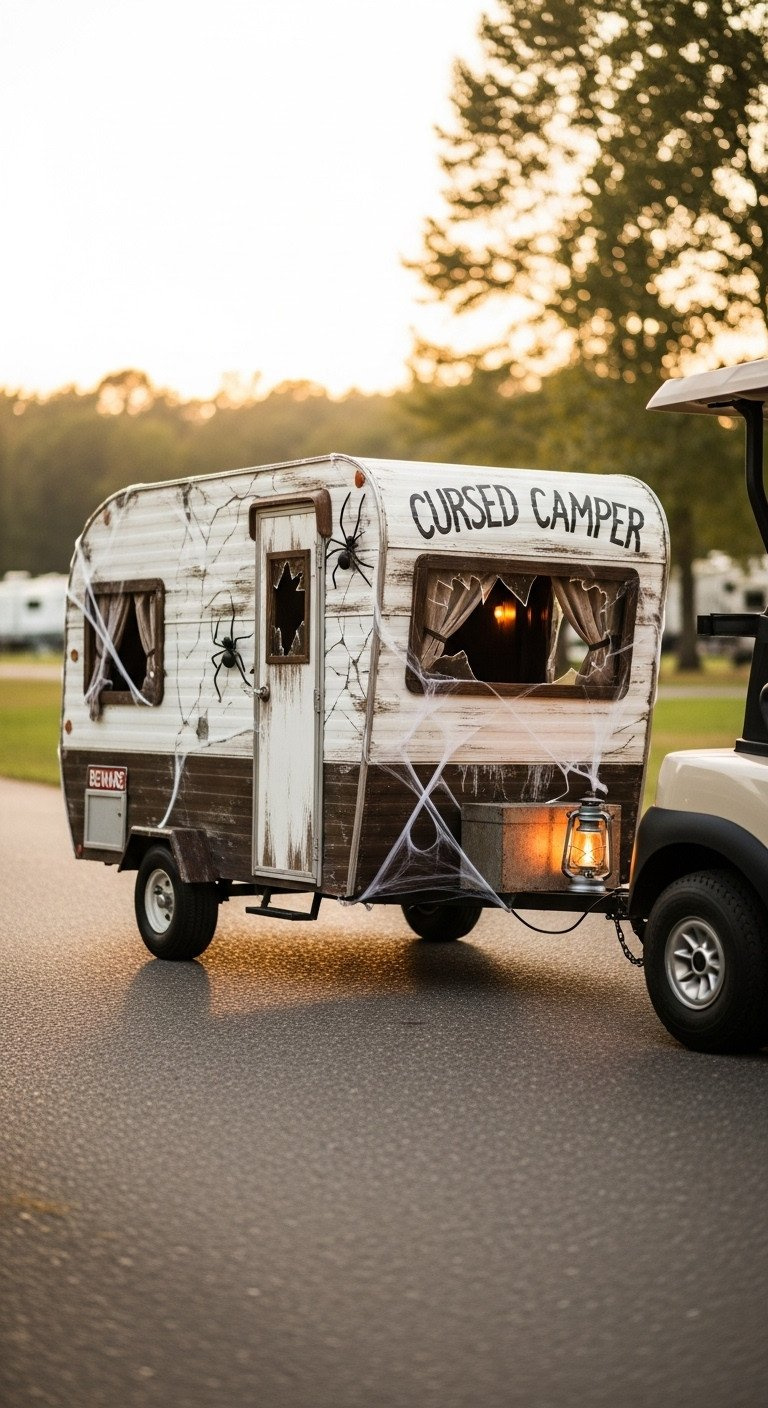 Cursed Camper Golf Cart With Distressed Trailer Facade, Broken Windows, Cobwebs, Flickering Lights, And &Quot;Beware&Quot; Sign.