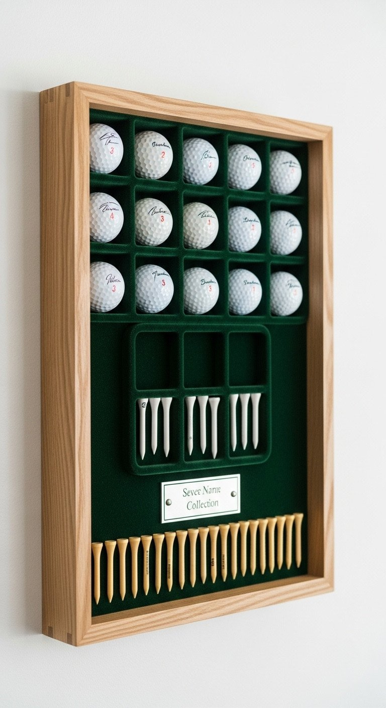 Custom Diy Golf Ball Display In A Wall-Mounted Wooden Shadow Box With Velvet-Lined Compartments, Showcasing Personalized Golf Balls And Tees.