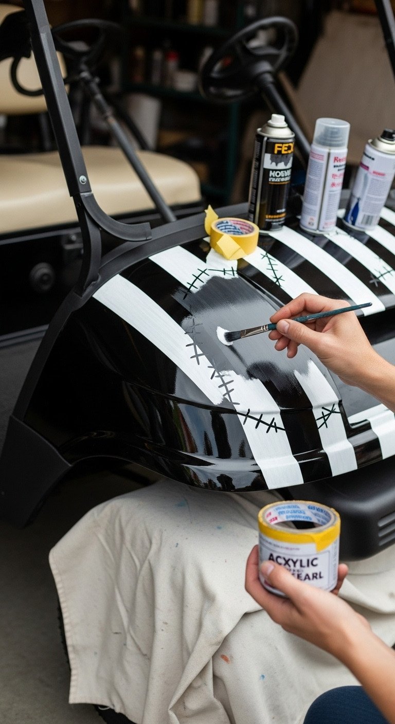 Custom Nightmare Before Christmas Golf Cart: Hand-Painting Matte Black And White Weather-Resistant Details With A Fine Brush.