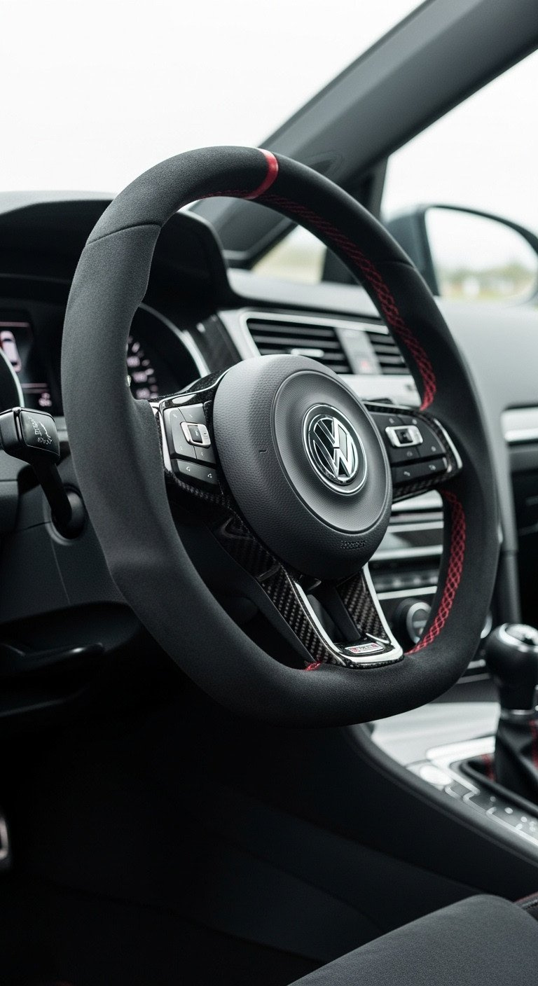 Custom Vw Golf Interior Features Black Alcantara Steering Wheel With Carbon Fiber Accents And Red Stitching, Creating A Driver-Focused Feel.