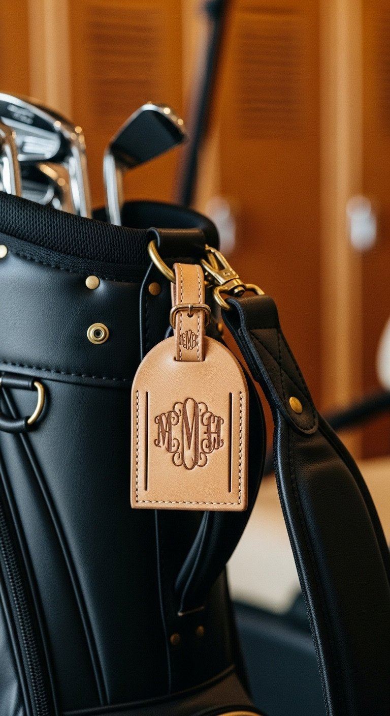 Custom Full-Grain Leather Golf Bag Tag With Embossed Monogram, Clipped To A Dark Golf Bag Handle. Brass Hardware Details.