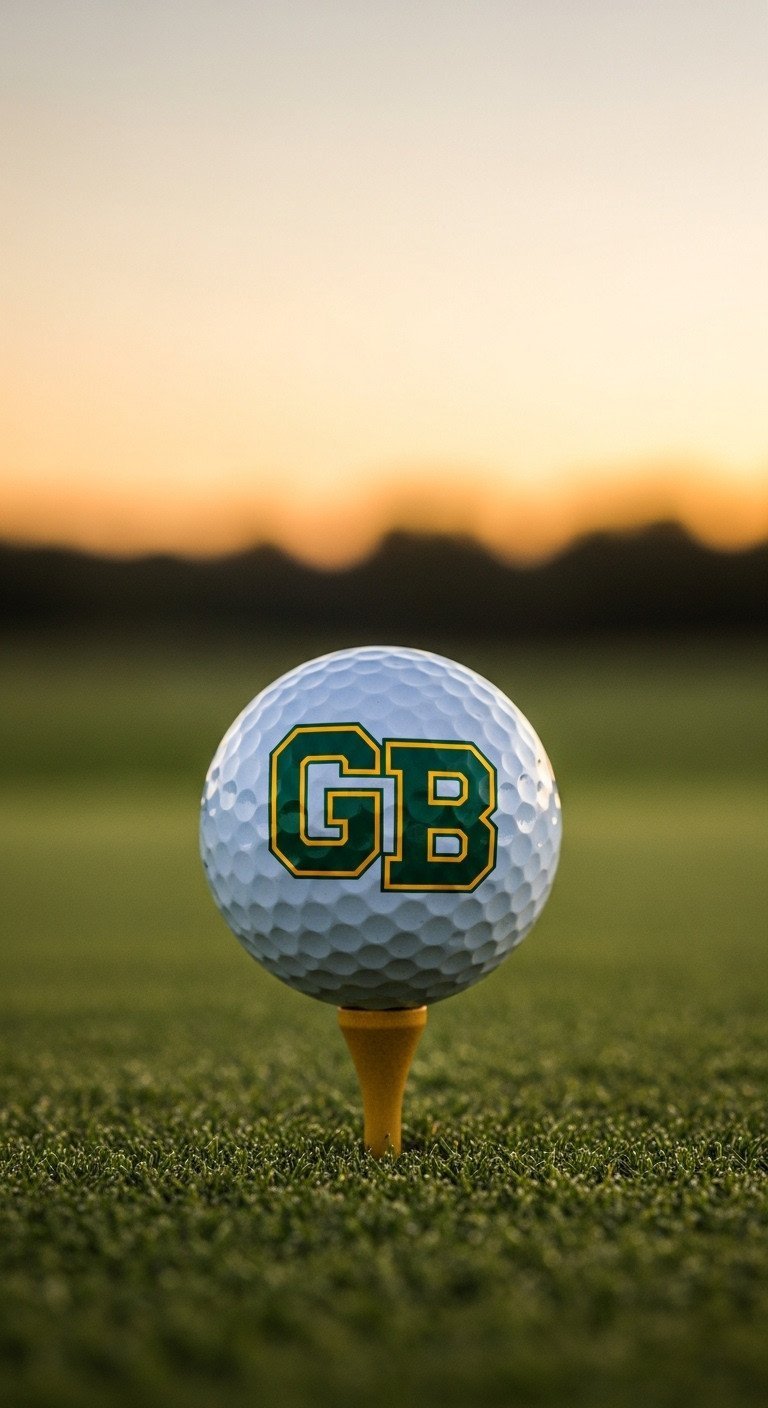 Custom Golf Ball With Hand-Drawn 'Gb' Initials In Green And Yellow, Sitting On A Tee On A Course During A Golden Sunset.