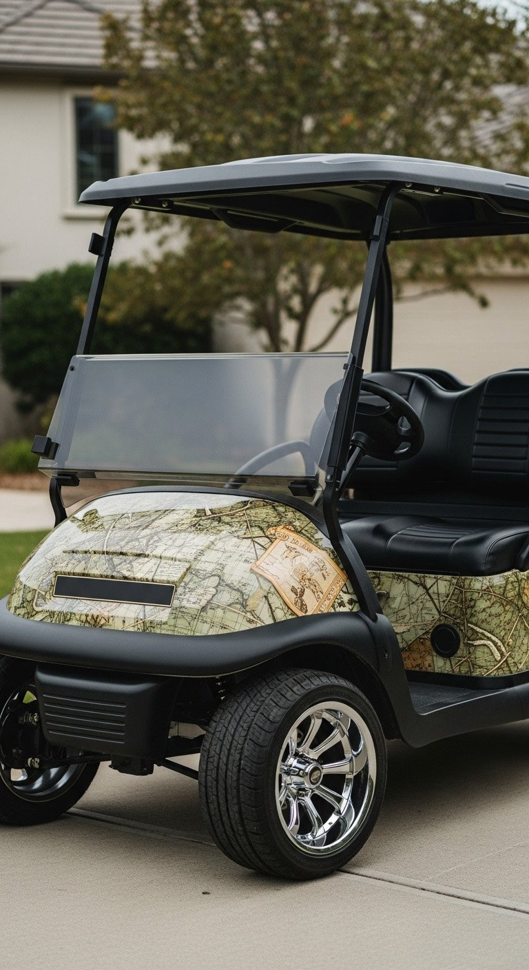 11 Genius Golf Cart Decorating Ideas To Win Every Contest Custom-Wrapped Golf Cart, Detailed Vintage Map Pattern, High-End Wheels, Custom Seats, Chrome Trim. Luxury Setting.