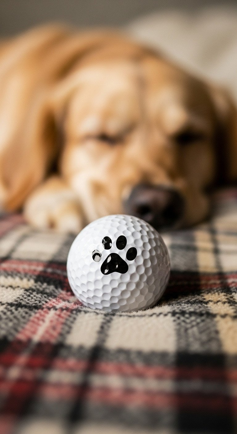 Cute Custom Golf Ball For Dog Lovers With A Simple Black Paw Print, Resting On A Plaid Blanket Near A Sleeping Retriever.