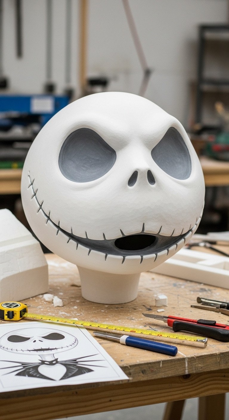 Diy Jack Skellington Head Prop Sculpted From Hdf Foam With White Primer, Displaying Sunken Eyes And Stitched Smile On A Workbench.