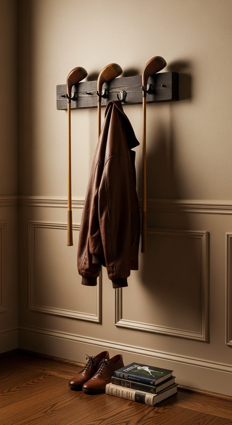 Diy Coat Rack From Antique Wooden Golf Club Heads On A Dark Plank, With Leather Jacket, Golf Books. Rustic Golf Man Cave Decor.