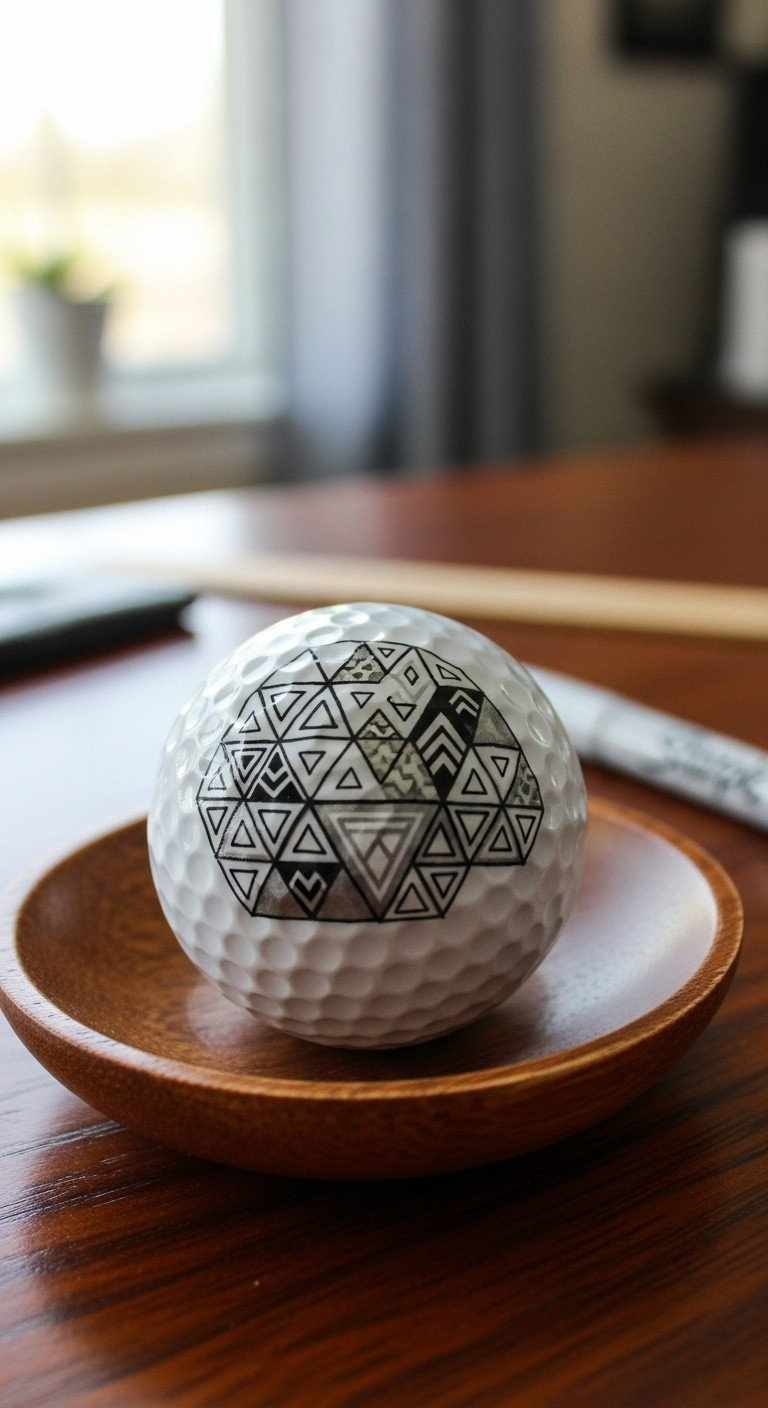 Diy Decorated Golf Ball With A Geometric Triangle And Chevron Pattern Drawn In Black And Metallic Silver Sharpie In A Wooden Dish.