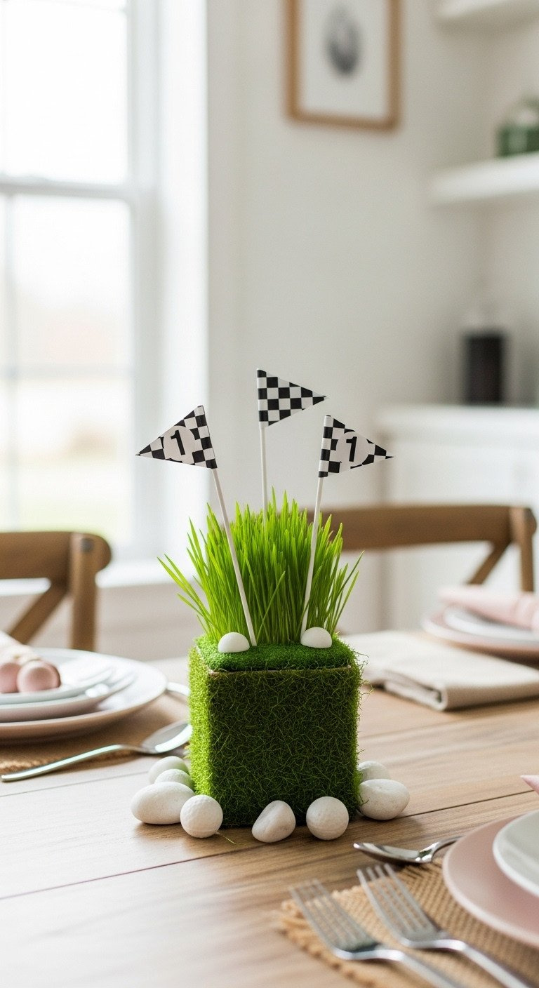 Genius Hole In One Party Ideas Plus Age Safe Planning Diy Golf Party Centerpiece Features Square Pot With Green Wheatgrass, Miniature Flagsticks, White Stones, And Candy Golf Balls On Rustic Wood.