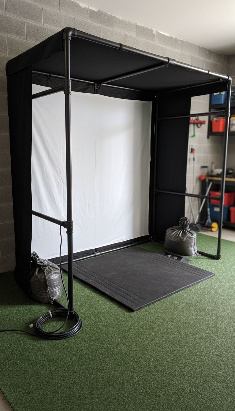 Diy Golf Simulator Enclosure With Black Pipe Frame, Tensioned Impact Screen, Protective Panels, Hitting Mat, And Turf Floor.