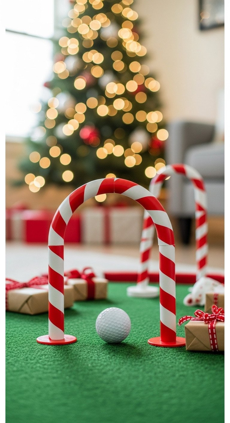 Diy Indoor Mini Golf: Golf Ball Putted Through A Giant Candy Cane Arch Obstacle On A Green Rug, With Christmas Tree Lights.