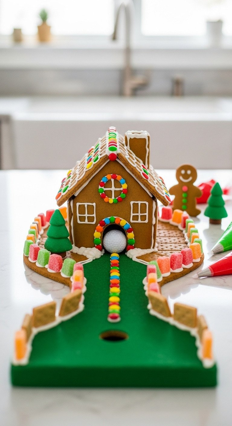 Diy Mini Golf: Golf Ball Enters A Massive Gingerbread House Obstacle On A Kitchen Counter, Surrounded By Colorful Edible Candies.