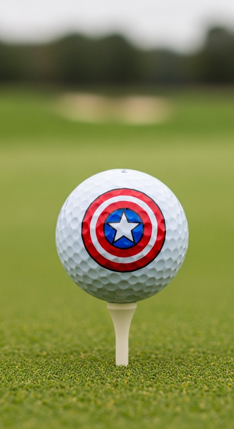 11 Genius Marvel Golf Ball Designs You Can Make With A Sharpie Diy Project Showing A White Golf Ball With A Hand-Drawn Captain America Shield, Sitting On A Tee On A Green Golf Course.