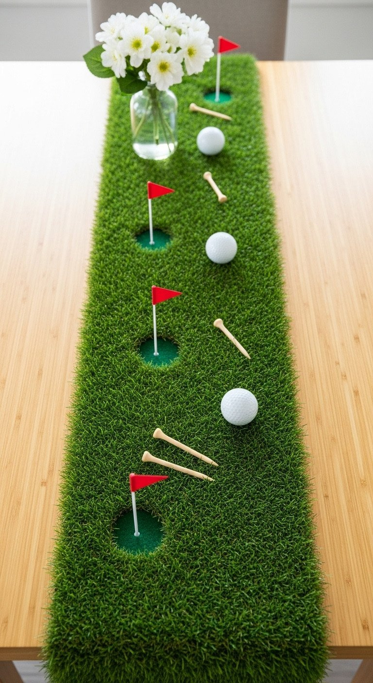 9 Ultimate Golf Party Decorations And Par-Tee Setup Secrets Diy Turf Golf Table Runner On A Light Wood Table, Decorated With White Golf Balls And Miniature Golf Flags.