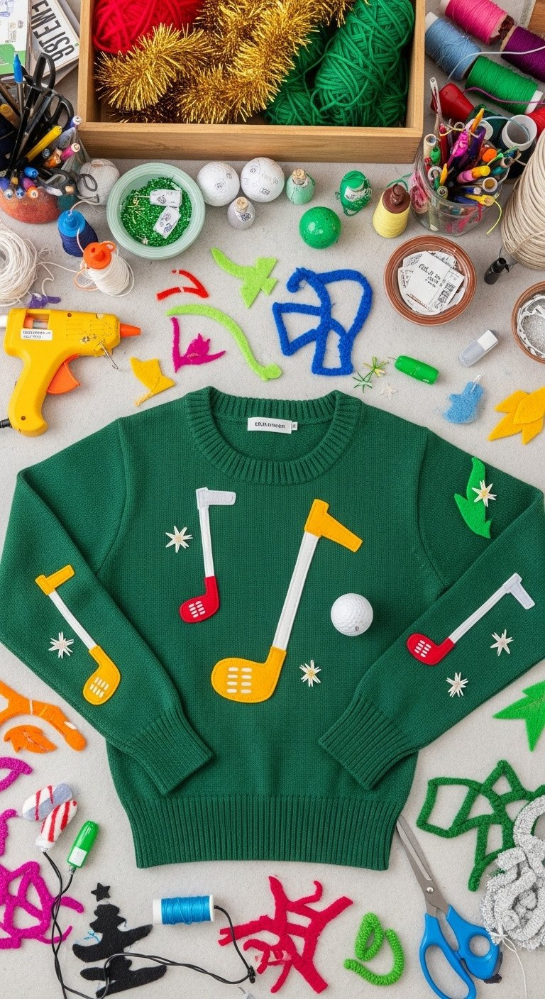 Diy Ugly Golf Sweater Craft Station With Green Base, Plastic Balls, Felt Clubs, Glitter, Tinsel, And A Hot Glue Gun On A Table.