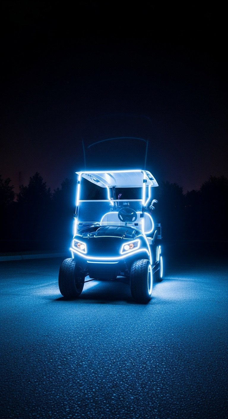 Dark Golf Cart Outlined Dramatically At Night By Bright Cool White Led Lights, Casting Reflections On Asphalt For High Visibility.