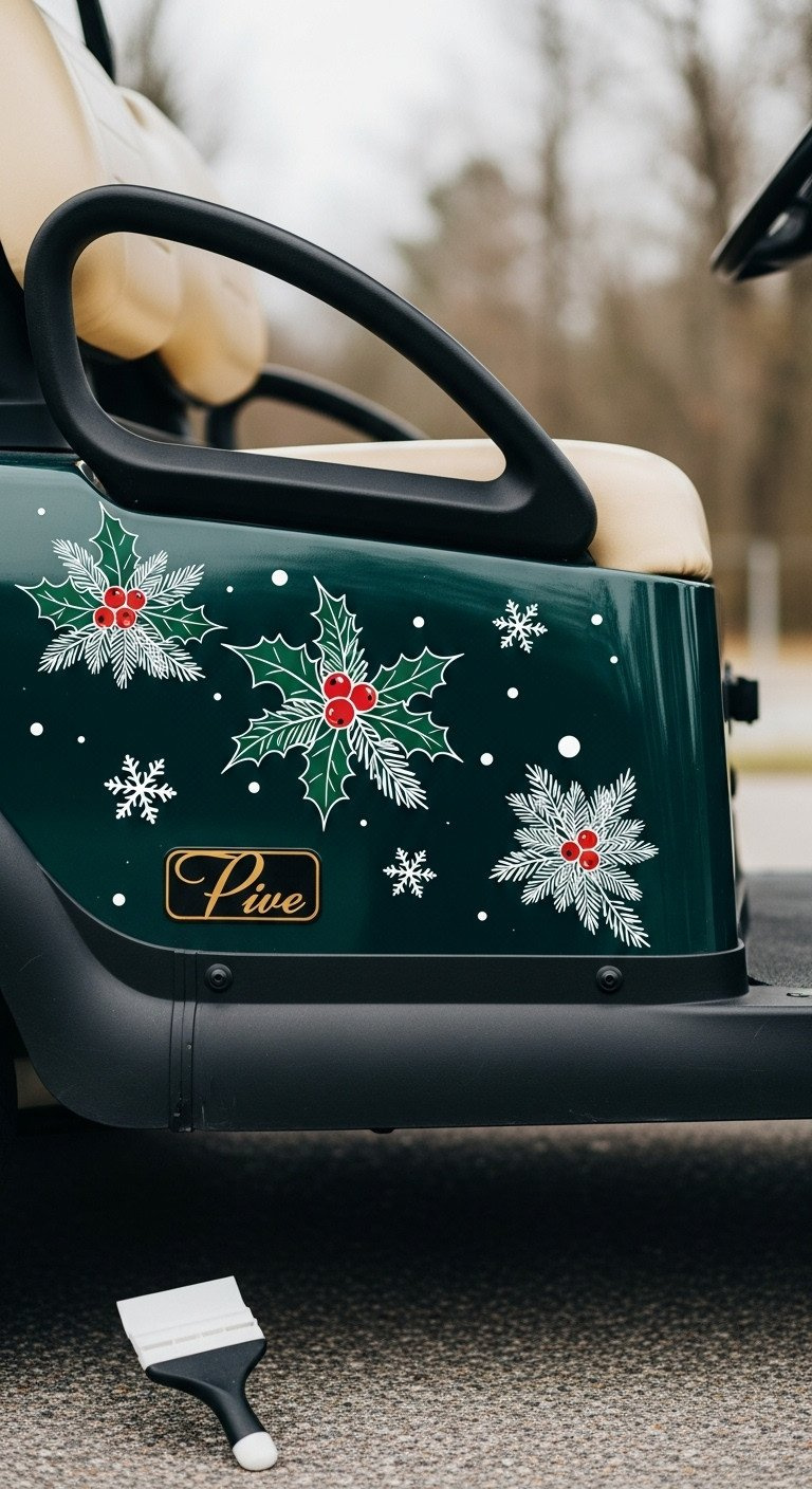 11 Non Damaging Golf Cart Christmas Ideas And Wiring Hacks Dark Green Golf Cart Side Panel Featuring Custom Vinyl Decals Of Falling Snowflakes And Holly Berries.