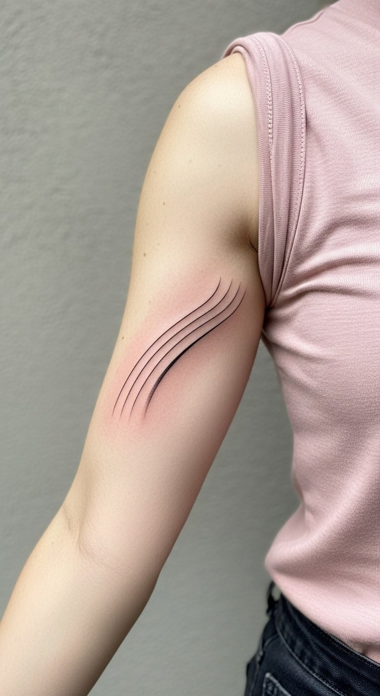 Delicate Micro-Fine Line Coordinates And Scorecard Tattoo On Ribs/Side, Elegant Font. Warm Golden Hour Light, Blurred Landscape.