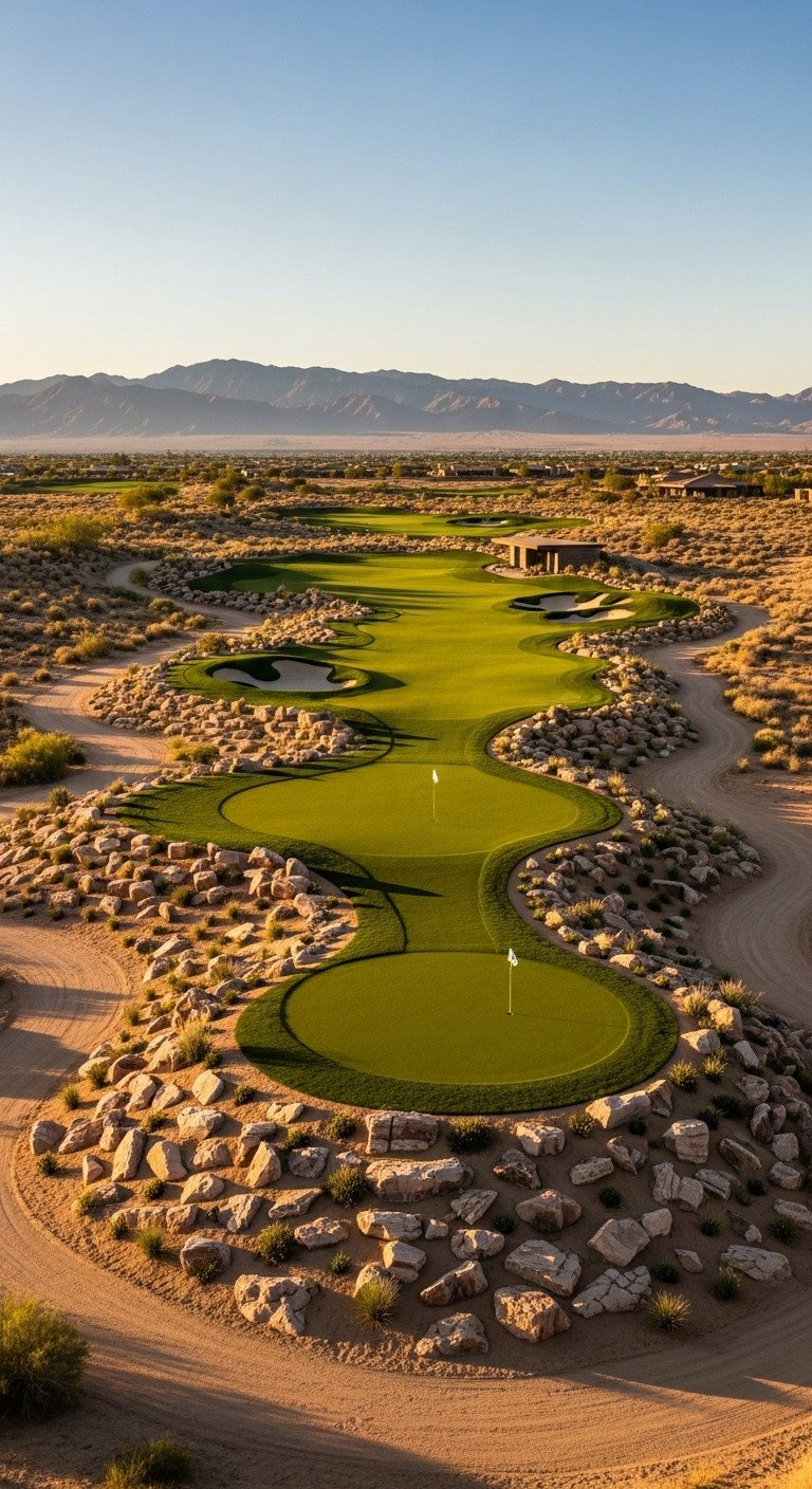 Desert Golf Course: Minimal Turf, Rock Formations, Drought-Resistant Plants. Rugged Aesthetic, Sustainable.