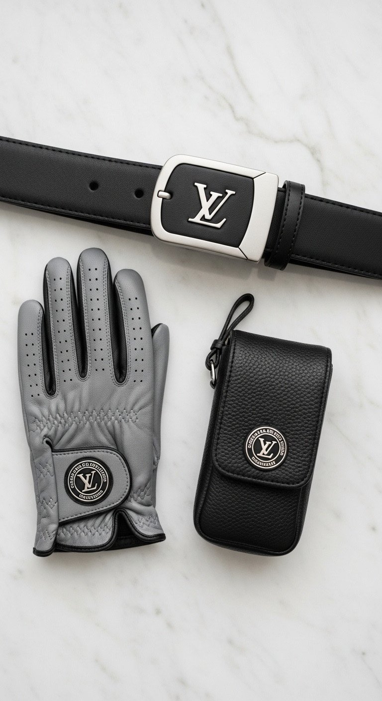 Designer Golf Belt With Logo Buckle, Leather Glove, And Branded Pouch On Marble. Luxury Golf Accessories For Stylish Play.