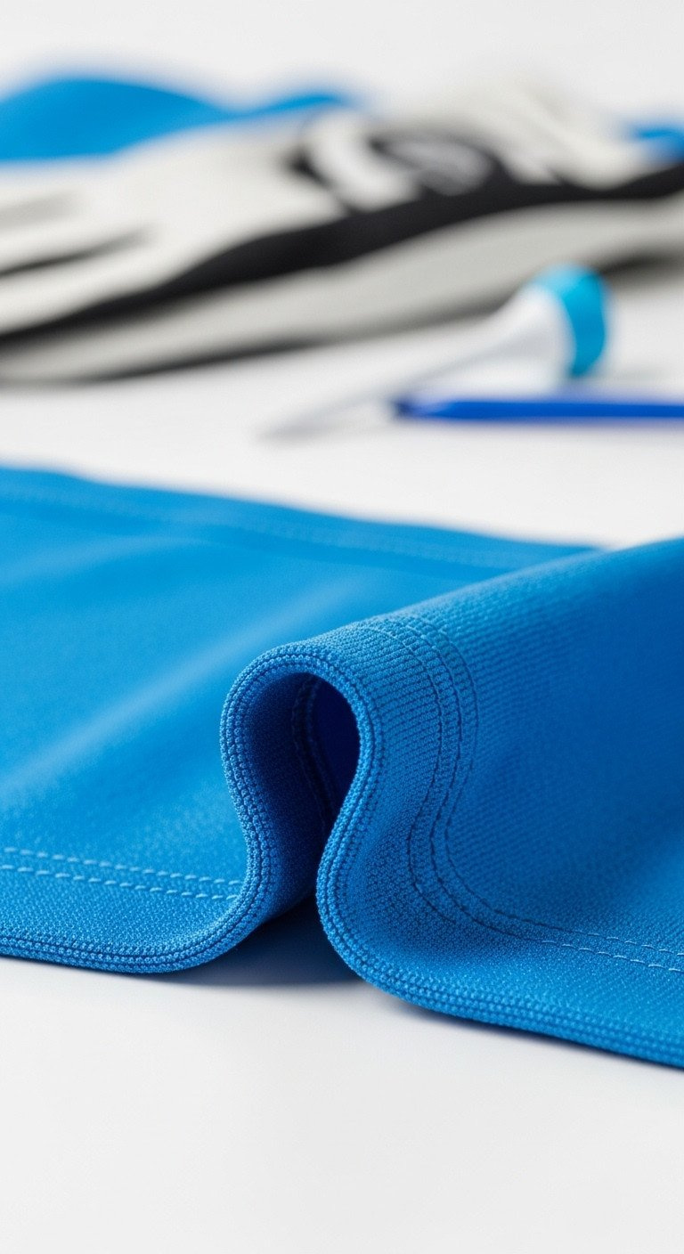 Detailed Close-Up Of 80S Electric Blue Technical Golf Fabric, Showcasing Its Weave, Moisture-Wicking Texture, With Blurred Golf Accessories.
