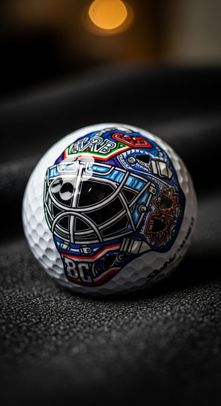 7 Genius Hockey Sharpie Ideas For Your Golf Balls Detailed, Colorful Hockey Goalie Mask Design Drawn Freehand With Sharpies On A White Golf Ball Resting On A Dark Fabric.
