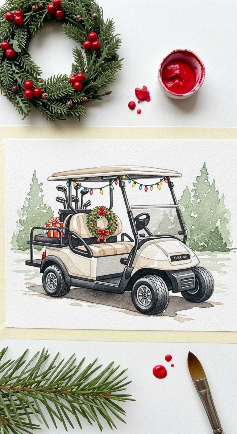 Detailed Finished Watercolor Golf Cart Illustration With Sparkling Holiday Lights And Wreath. Vibrant Festive Art.