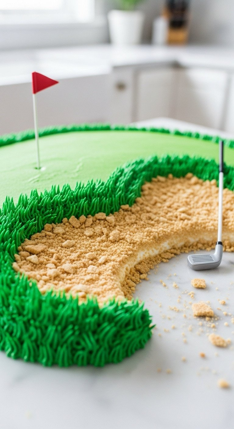 9 Golf Themed Cakes Beginner To Expert Designs And Tips Detailed Golf Sheet Cake With Realistic Graham Cracker Sand Trap Bunker, Green Buttercream Grass, And Miniature Golf Club.