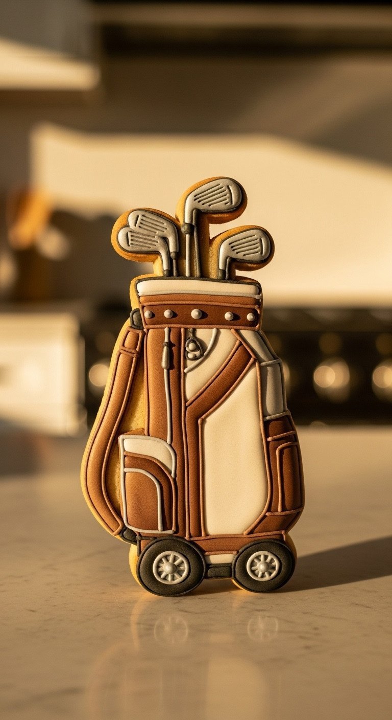 Detailed Layered Golf Cart Cookie With Piped Wheels And Clubs, Silver Accents, Captured In Warm Outdoor Light.