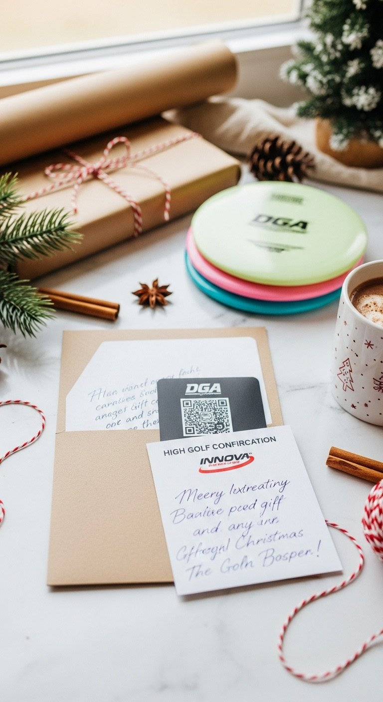 Disc Golf E-Gift Card In A Christmas Card On Marble. Stacked Discs, Hot Cocoa, And Red Twine. Soft Window Light.