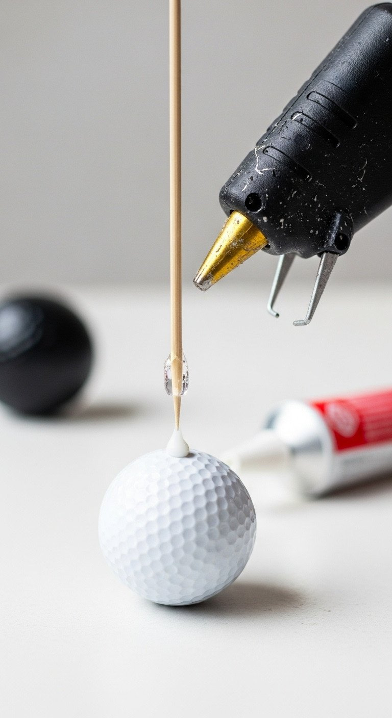Golf Ball Bouquet Ultimate Guide For Stunning Stable Results Dowel Rod With Industrial Adhesive Inserted Into A Golf Ball, With Hot Glue For A Secure Craft Project. Macro Shot.