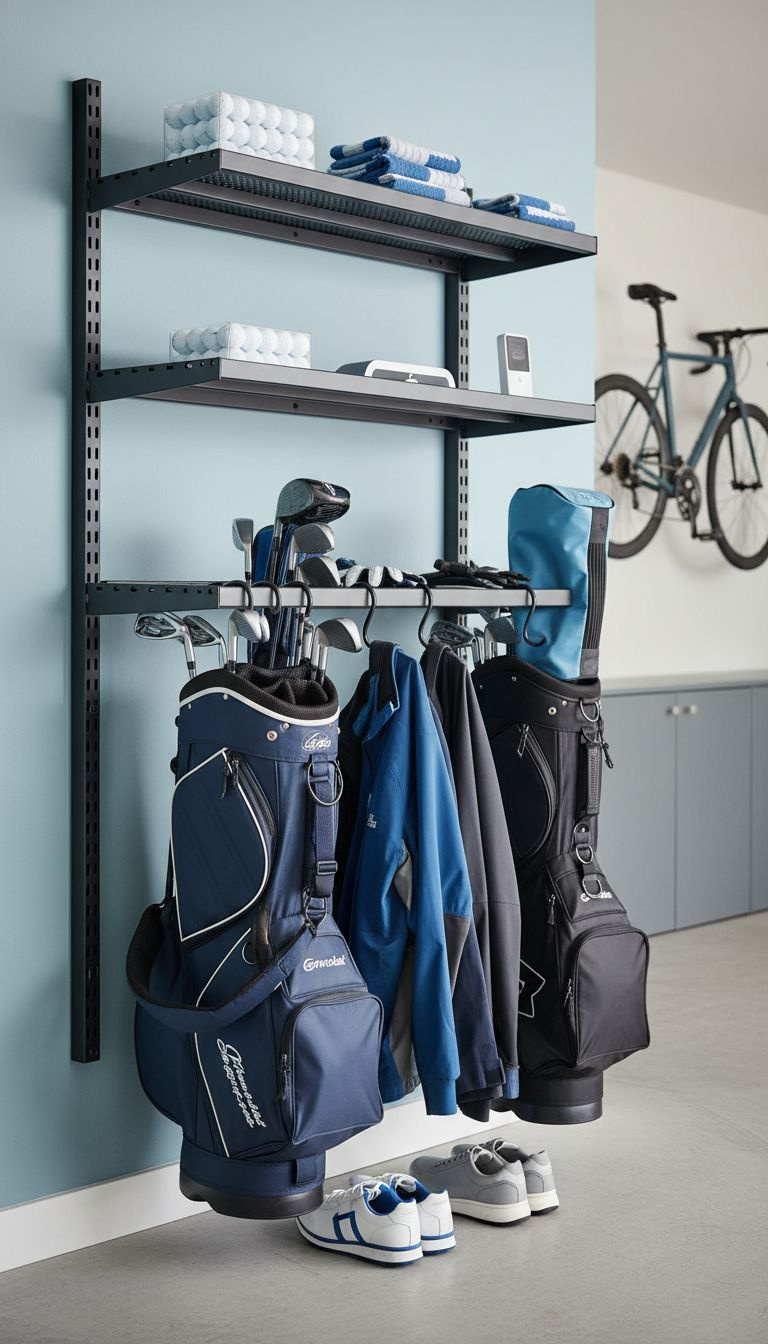 Dramatic Golf Course Mural On A Man Cave Wall, Featuring A Famous Hole, With Lounge Furniture And Golf Simulator Equipment.