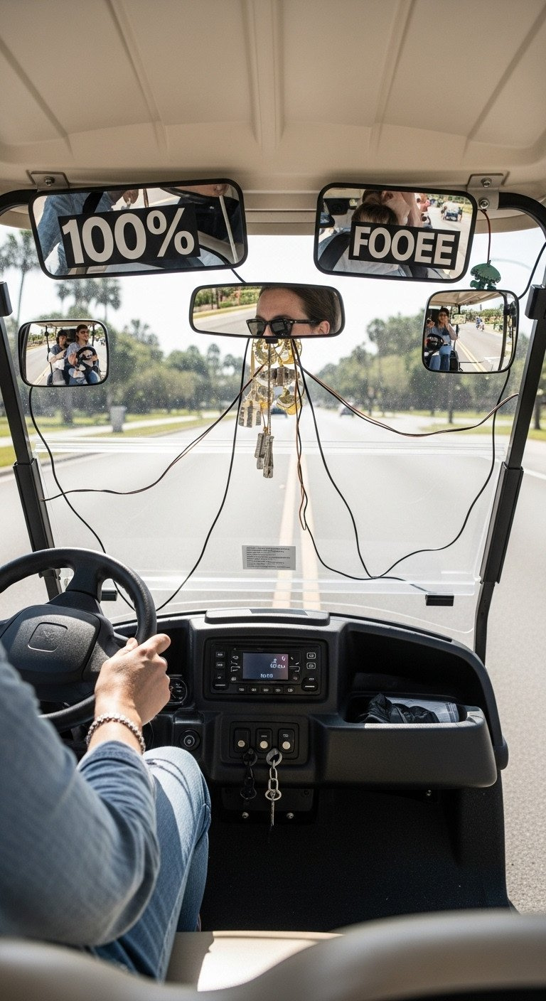 Driver'S Perspective From A Decorated Golf Cart, Showing Clear, Unobstructed Forward And Peripheral Visibility For Safety.