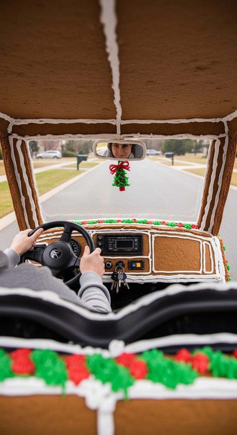 Driver'S Perspective Inside Gingerbread Golf Cart Float, Clear Visibility Through Icing-Framed Windows, Hands On Wheel For Safe Parade.
