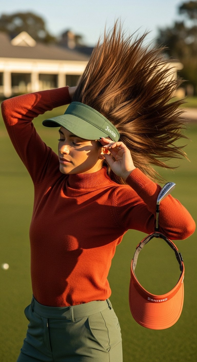 9 Genius Golf Visor Hairstyles To Stop Hair Flattening Dynamic Action Of Flipping Hair To Restore Volume And Fix Visor Dent After Removal, On A Sunny Golf Course.