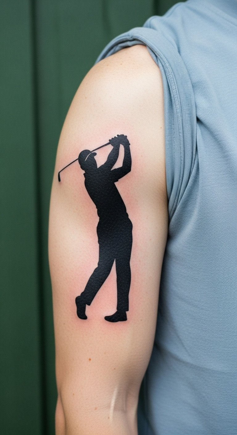 Dynamic Blackwork Golfer Silhouette Tattoo On Upper Arm, Powerful Swing Finish, Solid Black Ink. Monochromatic Blue/White Palette.