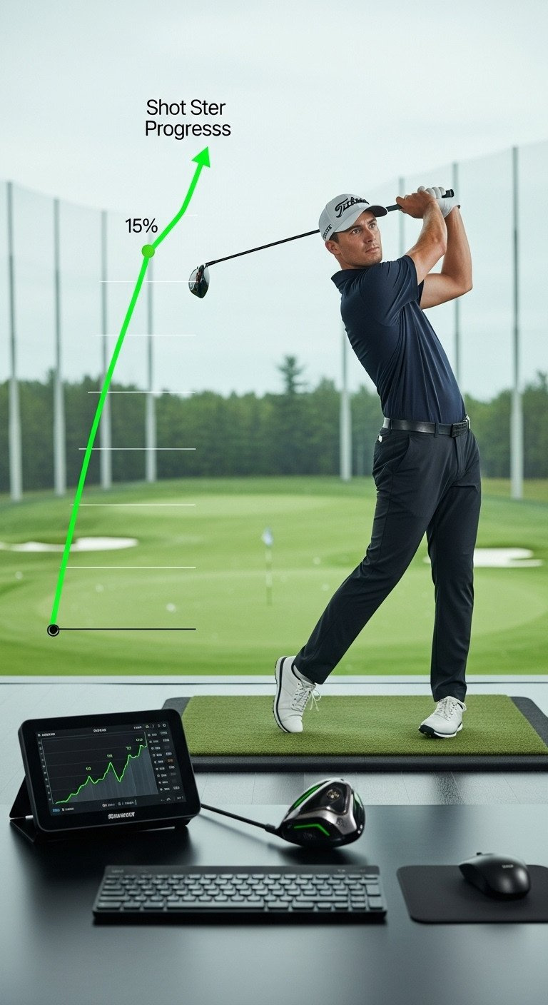 Dynamic Golf Performance Data With Green Rising Line, Golfer Mid-Swing, And Modern Golf Club On Sleek Desk Surface.