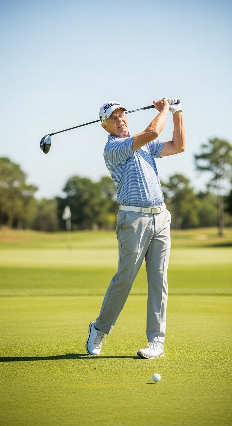 11 Golf Senior Picture Secrets And Pro Photography Tips Dynamic Shot Of A Senior Golfer'S Powerful Downswing On A Green Tee Box, Focused On Face And Golf Ball.