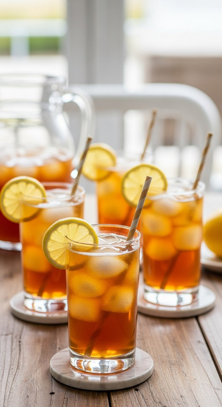 Elegant Arnold Palmer (Iced Tea And Lemonade) In Tall Glasses With Lemon Wedges, Straws, On A Rustic Patio Table.